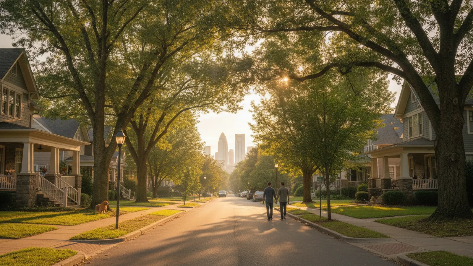 The Charlotte skyline seen from a leafy suburban neighborhood at golden hour