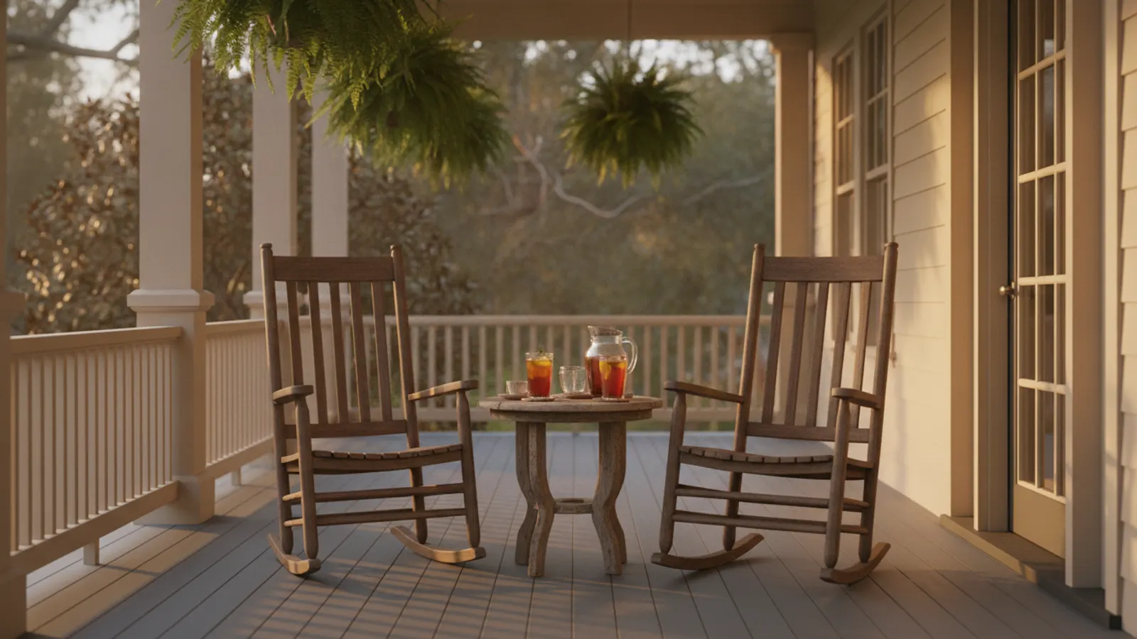 A classic Carolina front porch with rocking chairs in warm afternoon light