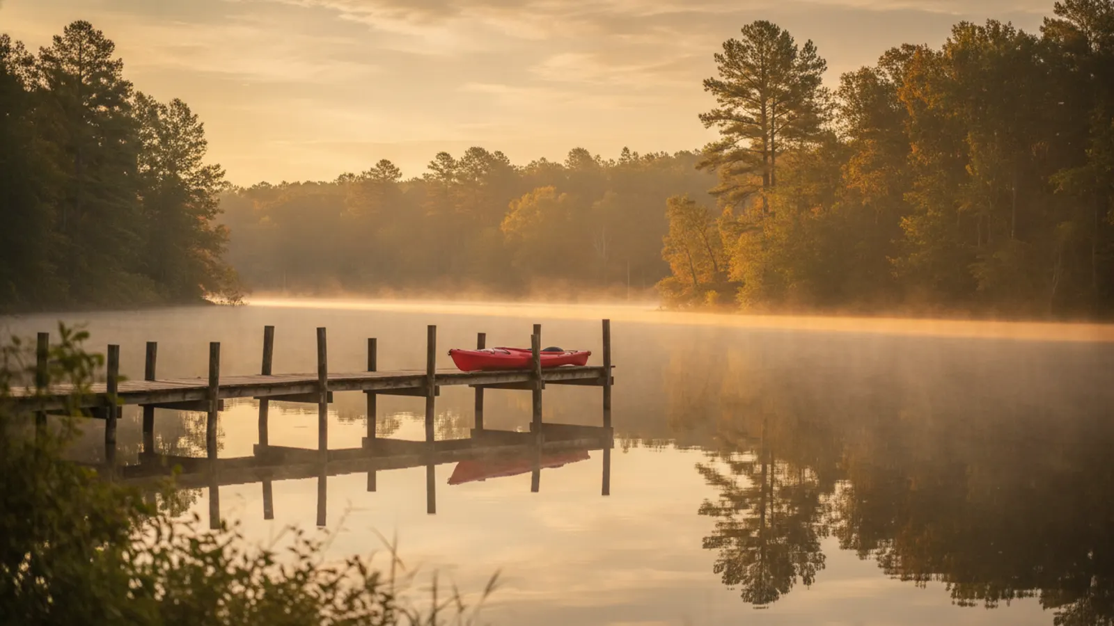 A calm Carolina lake at sunrise with a wooden dock and morning mist