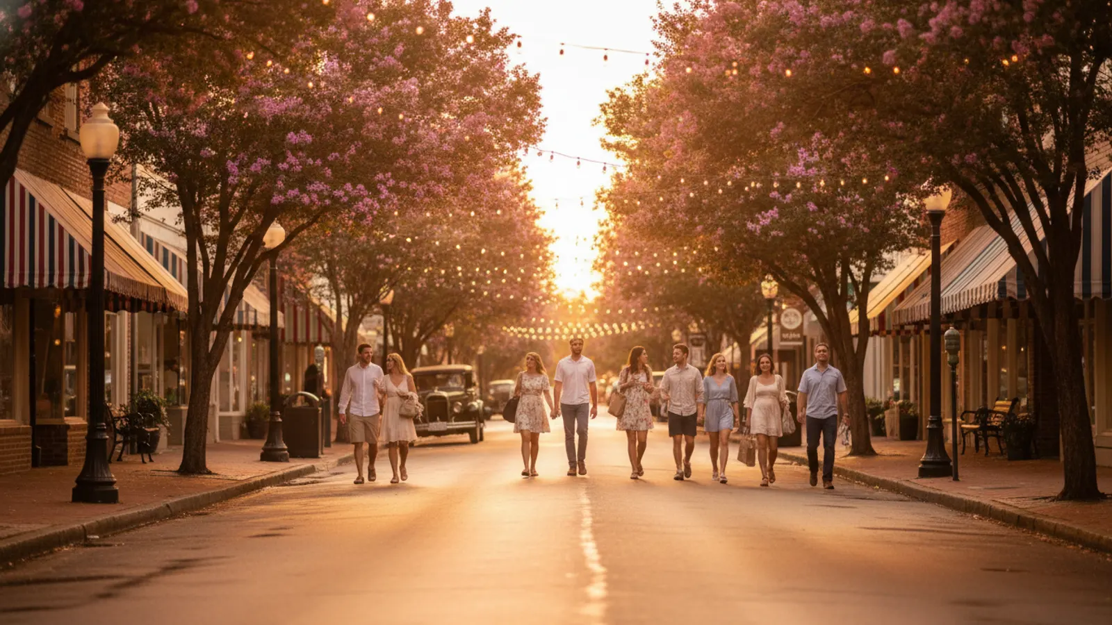 A charming small-town Southern main street with brick storefronts at dusk